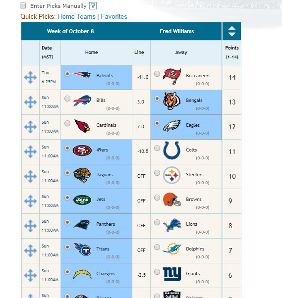 NFL Confidence Pool Pick Sheet