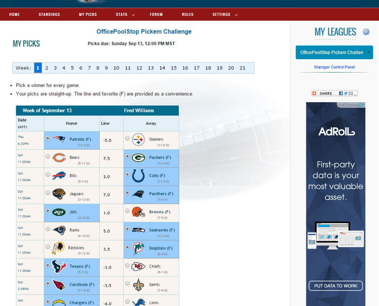 Football Office Pool Manager and Game Pick'em 